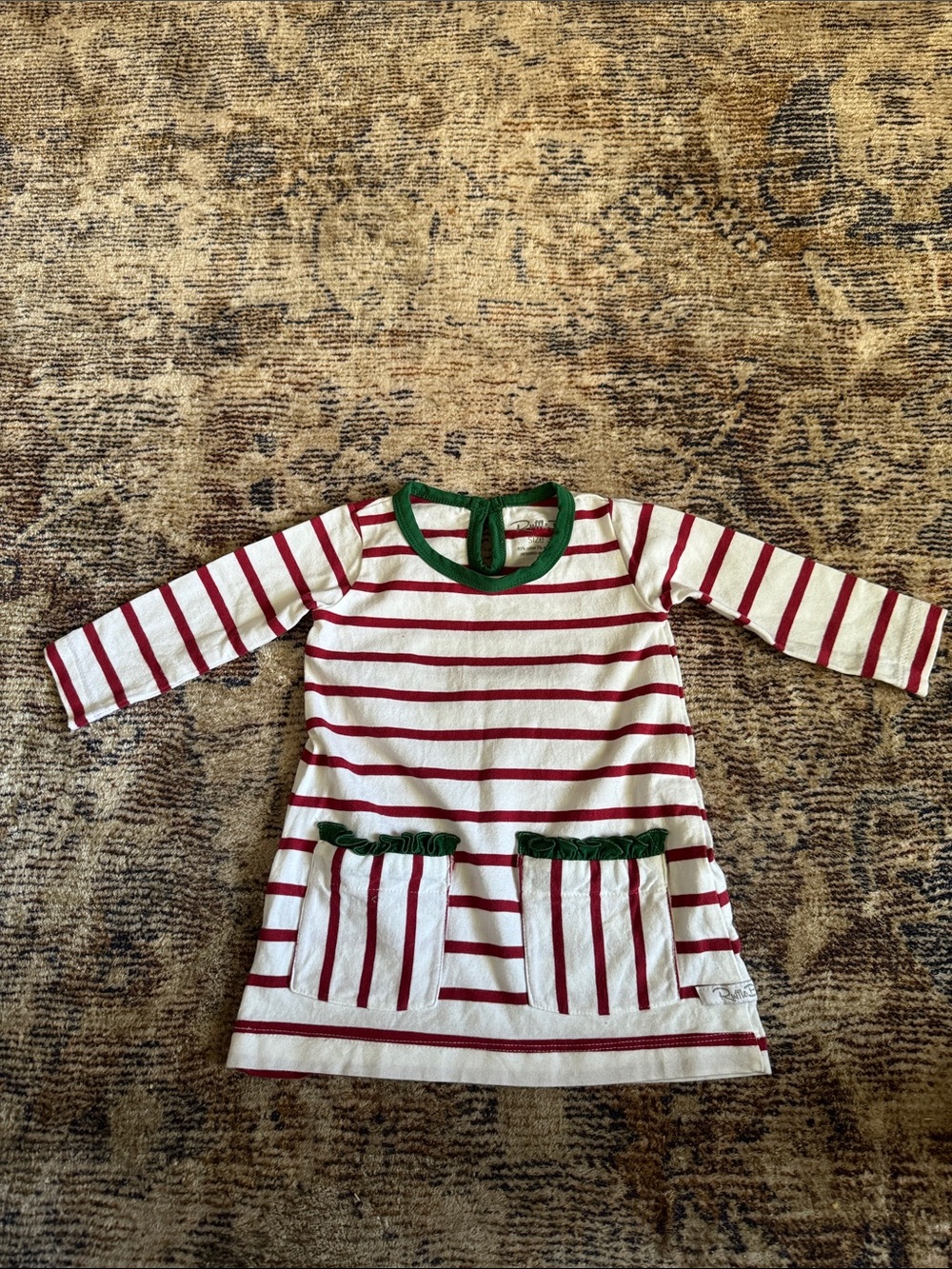Ruffle Butts White and Red Striped Dress with Green Trim